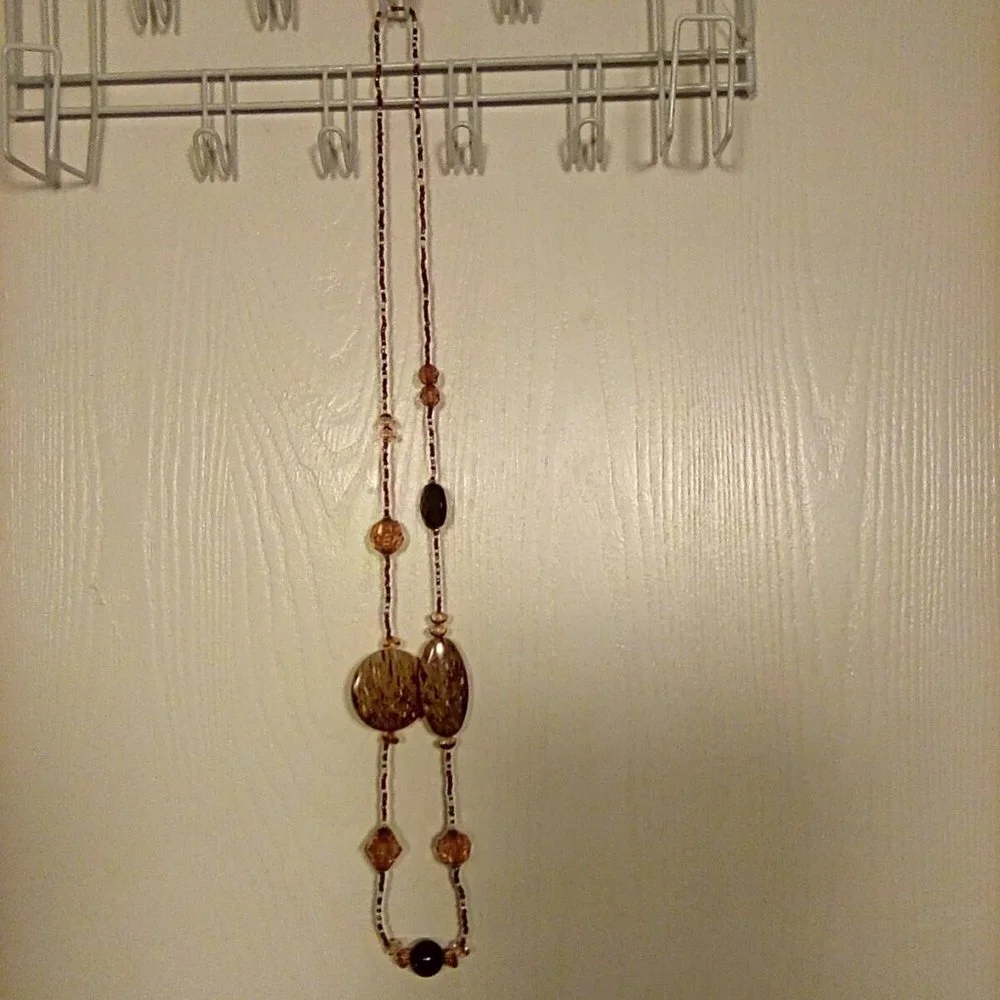 Beautiful Unique Long Beaded Necklace Neutral Colors 39